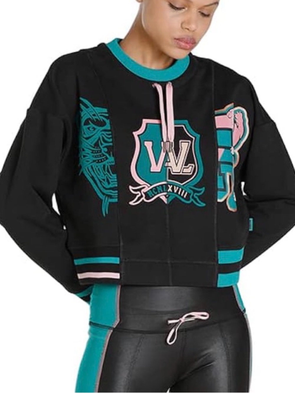 Puma Black Teal Pink Graphic Cropped Hoodie TYE CREW SWEAT New With Tags XS